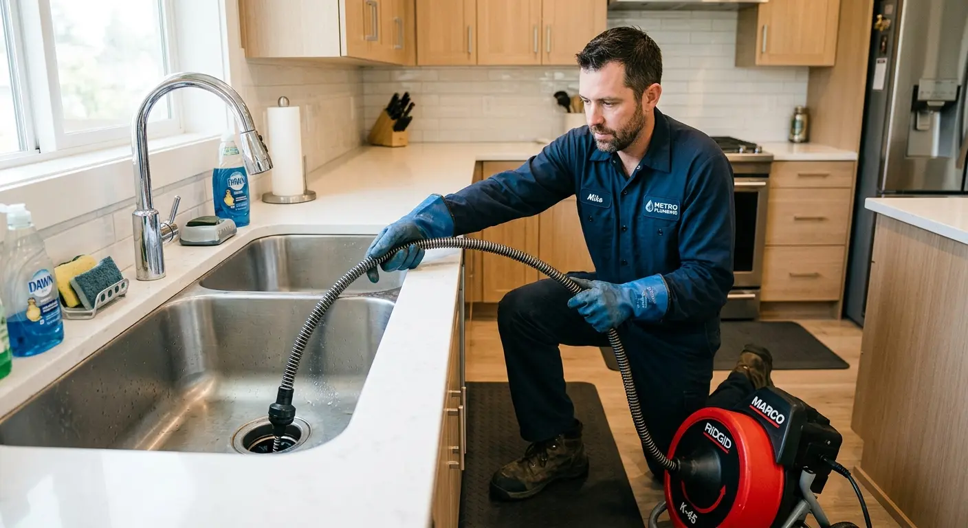 Drain cleaning technician using a motorized snake on a kitchen sink in Caribou
