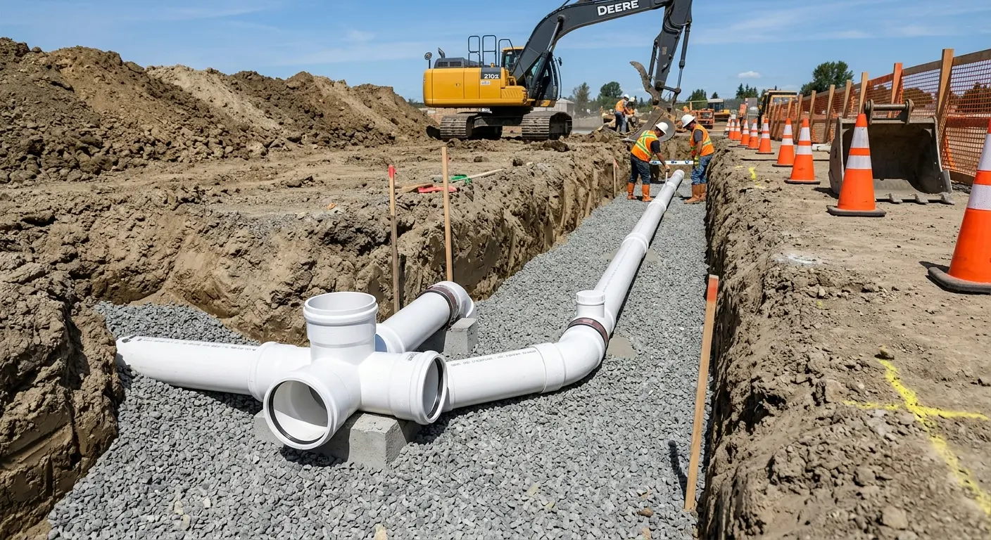 New PVC sewer pipe installation in open trench for Sewer Backup in Caribou