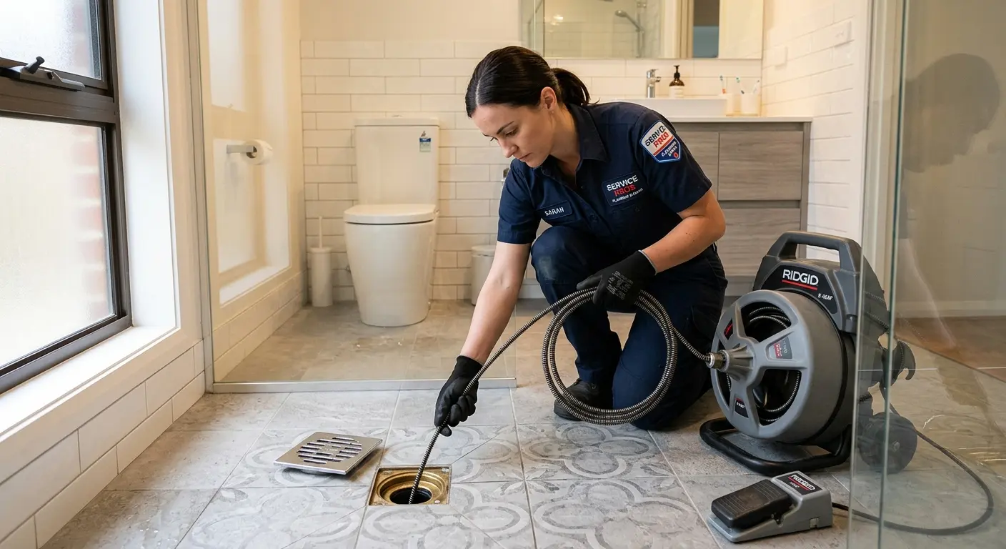 Technician clearing a bathroom floor drain for Drain Cleaning in Caribou